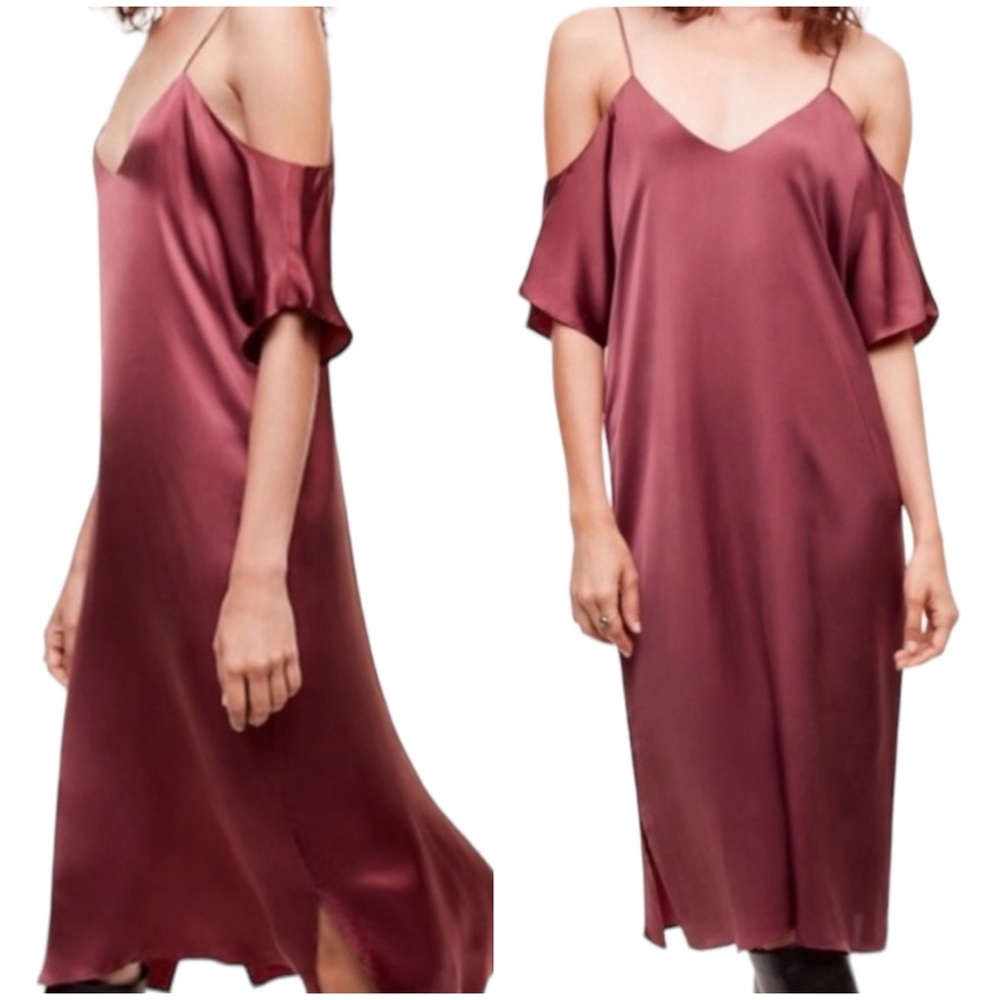 NWT Aritiza Wilfred Harrietta Dress Burgundy Drape Off Shoulder